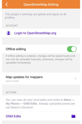 OpenStretMap editing plugin Settings Android