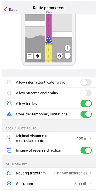 Paramètres de routage pour bateau iOS