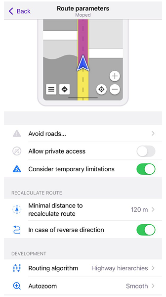 Ustawienia wyznaczania trasy dla motoroweru iOS