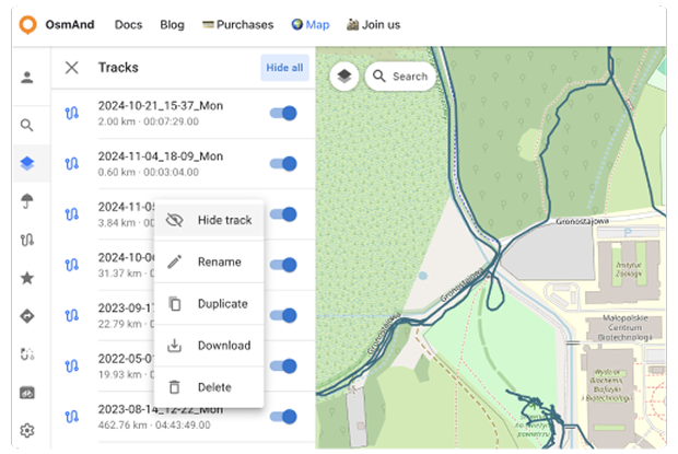 Menú Configurar mapa Tracks