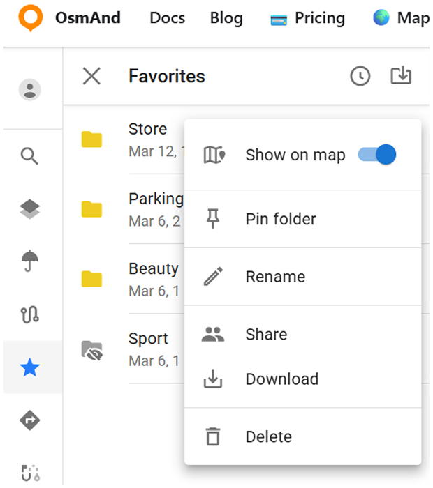 Editar favoritos en la nube de OsmAnd Web
