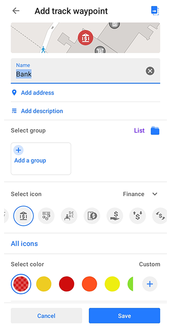 Akcja Dodaj punkt trasy Android