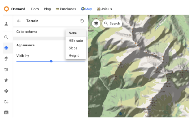 Menu Konfiguruj mapę Teren